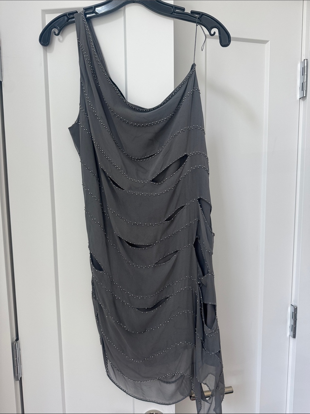 Robert Rodriguez Charcoal One-Shoulderi Draped Cocktail Dress with Metal Studs